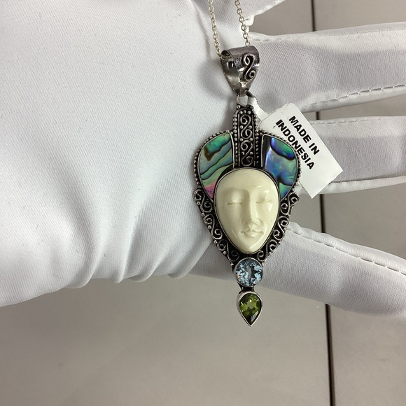 Goddess Face Closed Eyes with Sapphire and Jadeite 925 Pendant/Necklace 22” - Picture 1 of 12